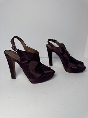 MARNI Women's Dark Plum Satin Platform Slingback Heels Minimal Designer 36.5/6.5